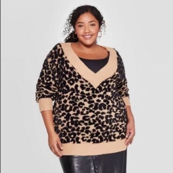 Ava & Viv Animal Print V-Neck Chunky Sweater - Picture 1 of 7